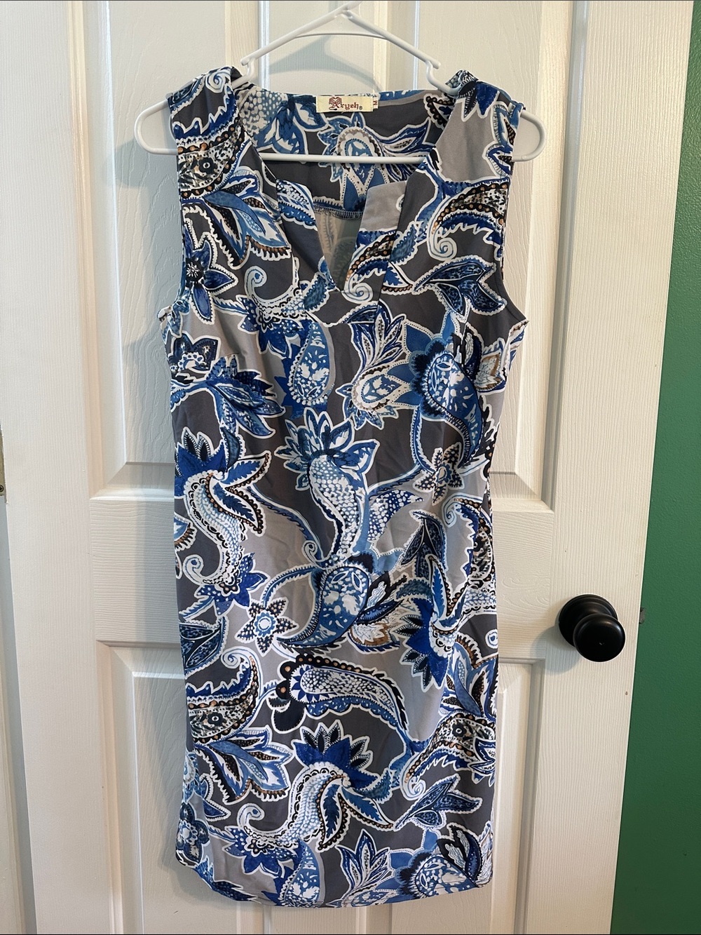 0158 Aryeh Blue and Gray Paisley Midi Dress womens medium